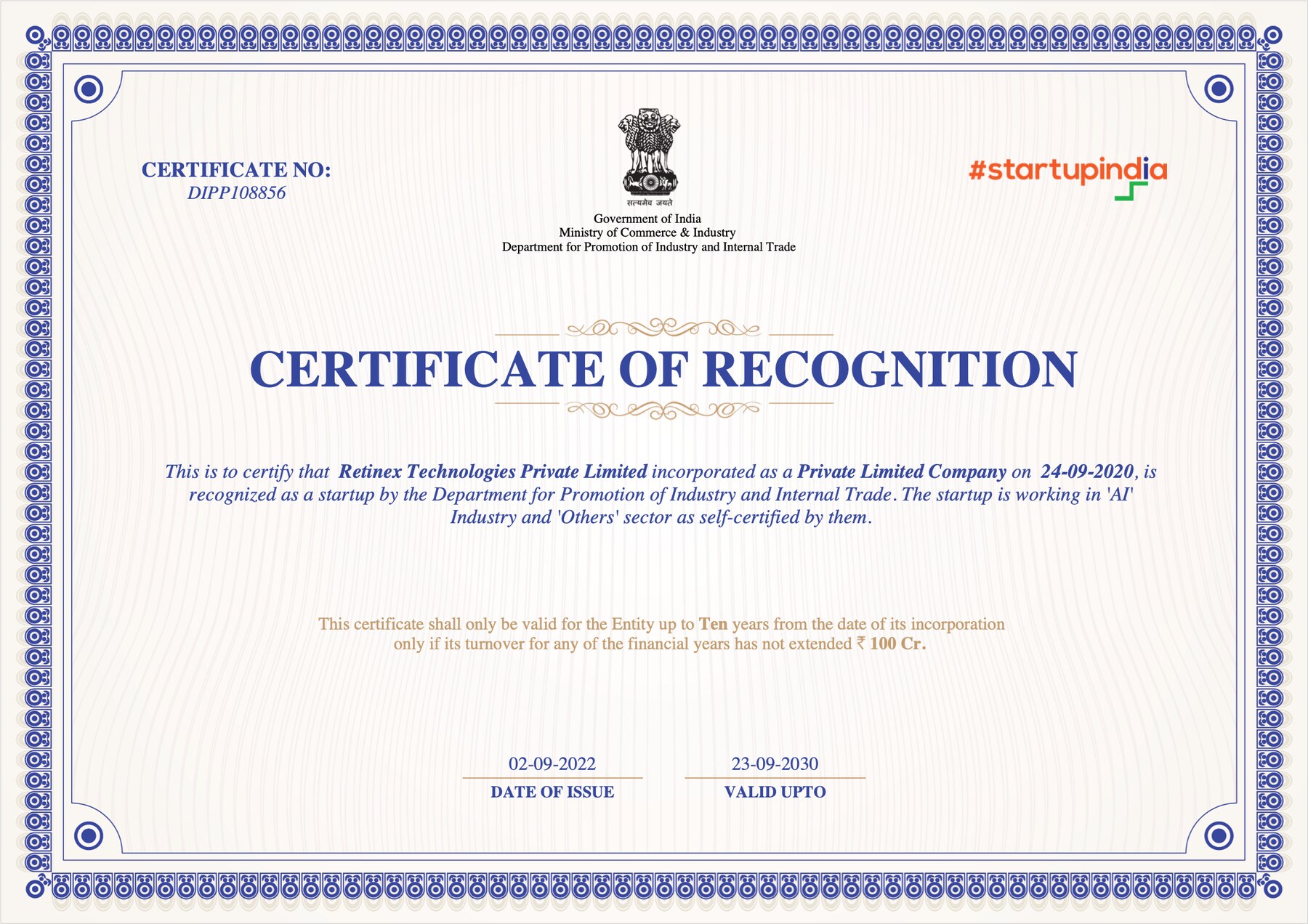 Government of India Certificate of Recognition (DIPP108856) certifying Retinex Technologies Private Limited as a startup recognised by the Department for Promotion of Industry and Internal Trade, working in the AI industry, issued 2022 and valid to 2030.